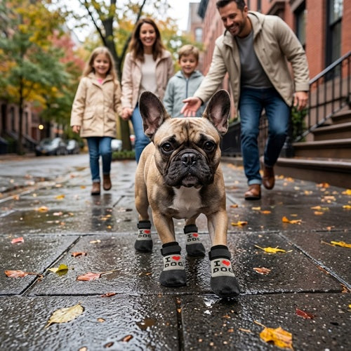 Chaussettes chiens neige noires bouledogue français en famille sur trottoir mouillé