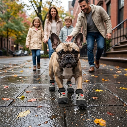 Chaussettes chiens neige noires bouledogue français en famille sur trottoir mouillé