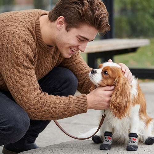 Chaussettes chiens neige noires Cavalier King Charles assis avec son maître
