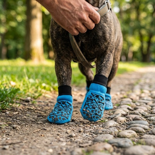 Chaussettes pour chien bleues gros plan des pattes sur un chemin caillouteux