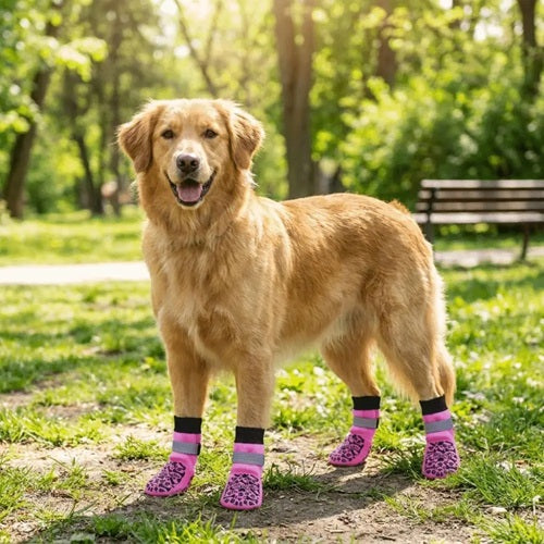 Chaussettes pour chien roses golden retriever debout dans un parc au soleil
