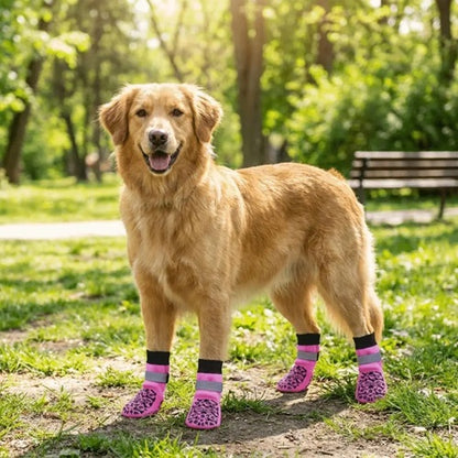 Chaussettes pour chien roses golden retriever debout dans un parc au soleil