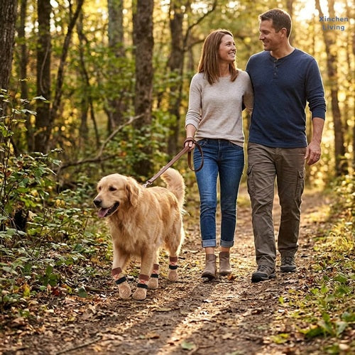 Chaussettes pour chiens Golden Retriever balade forêt en couple
