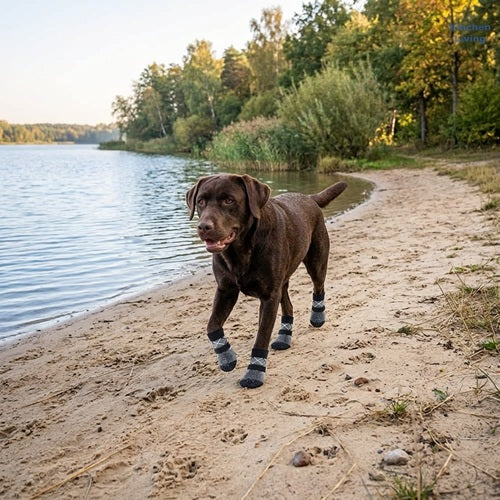 Chaussettes pour chiens grises Labrador chocolat promenade bord du lac