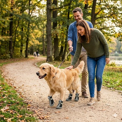 Chaussure chien golden retriever promenade forêt automne couple laisse bottes noires