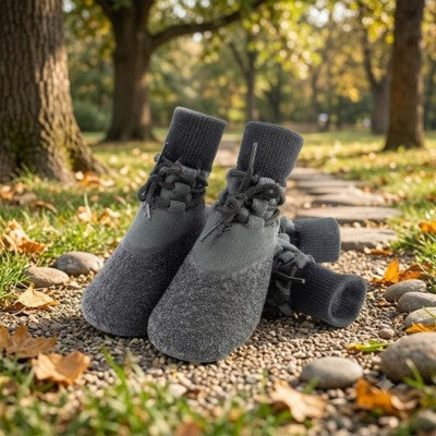 chaussure chien grise semelle antidérapante parc automne galets nature