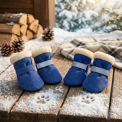 chaussure chien hiver bleue fourrure velcro neige protection pattes