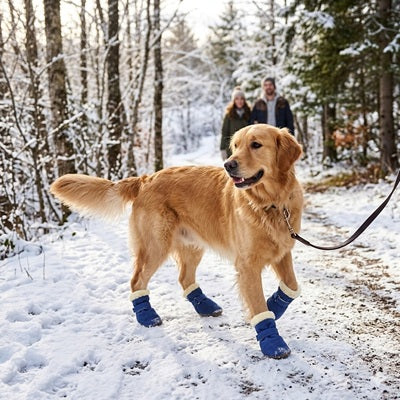 chaussure chien hiver bleue golden retriever neige forêt famille