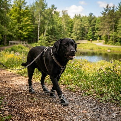Chaussure chien labrador noir randonnée sentier nature harnais laisse 4 bottes