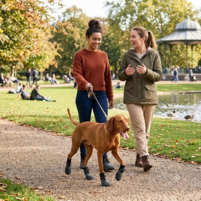 chaussure chien Vizsla promenade parc automne deux femmes laisse