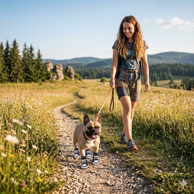Chaussure chiens bleue bouledogue français balade montagne sentier femme