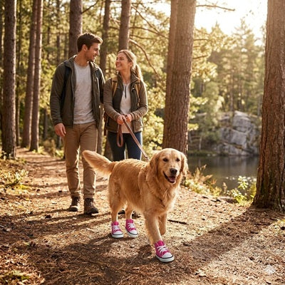 Chaussure chiens rose golden retriever balade forêt couple sentier