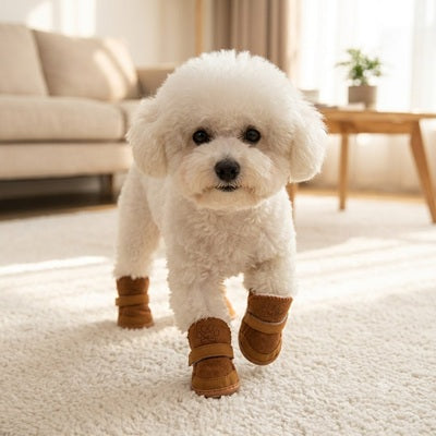 Chaussure pour chien bichon blanc intérieur marron velcro petit chien
