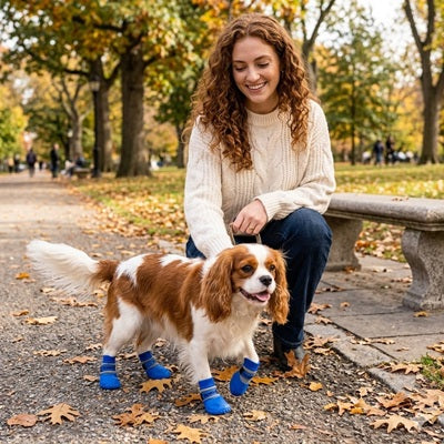 Chaussure pour chien bleu Cavalier King Charles parc automne femme