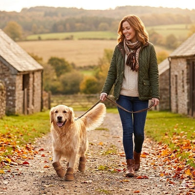 Chaussure pour chien golden retriever marron balade automne campagne femme