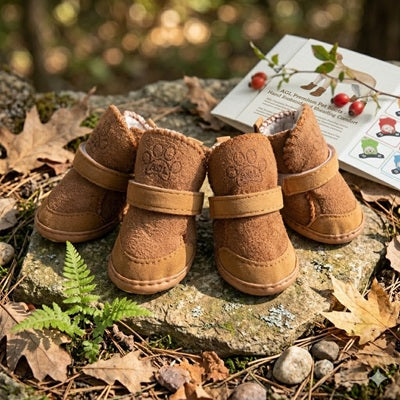 Chaussure pour chien marron hiver fourrure forêt feuilles automne pierre