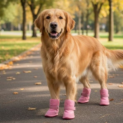 Chaussure pour chien rose golden retriever parc automne balade allée