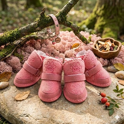 Chaussure pour chien rose hiver velcro pattes forêt pierre