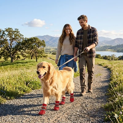 Chaussure pour chien rouge Golden Retriever randonnée nature couple sentier