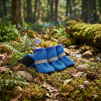 chaussures chien bleues filet forêt mousse ruisseau réflecteur semelle