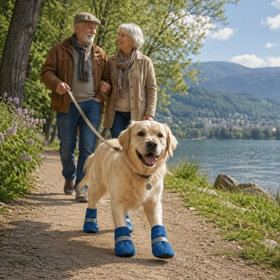 Chaussures chien bleues Golden Retriever promenade lac couple sénior