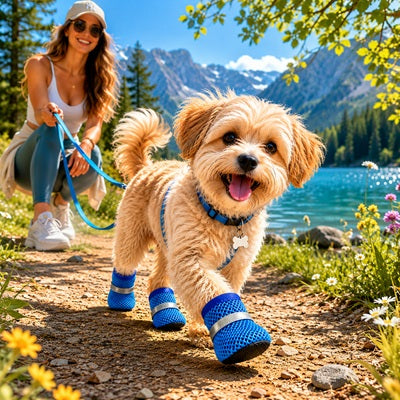 Chaussures chien bleues randonnée sentier montagne lac nature