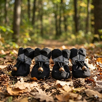 Chaussures Chien Noires Set 4 Forêt Automne Feuilles Mortes Pommes de Pin