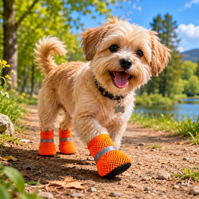 Chaussures chien orange Shih Tzu sentier nature lac réflecteur
