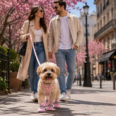 Chaussures chien rose couple promenade printemps Paris trottoir