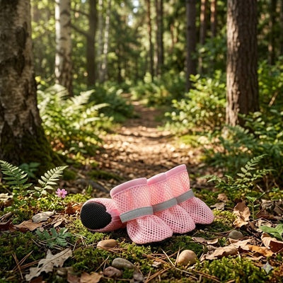 Chaussures chien roses filet sentier forêt mousse semelle antidérapante