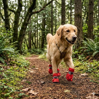 Chaussures Chien Rouges Golden Retriever Forêt Sentier Sous-Bois Humide