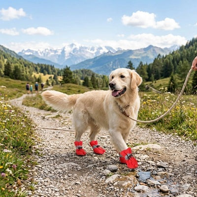 Chaussures Chien Rouges Golden Retriever Randonnée Alpes Sentier Cailloux