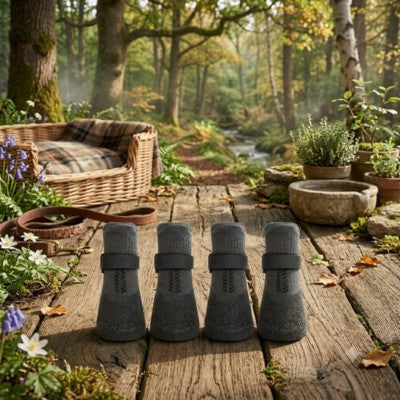 chaussures pour chien 4 noires planches bois forêt panier