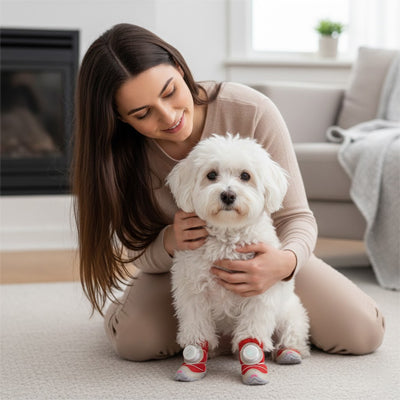 Chaussures pour chien bichon blanc femme pose intérieur cheminée