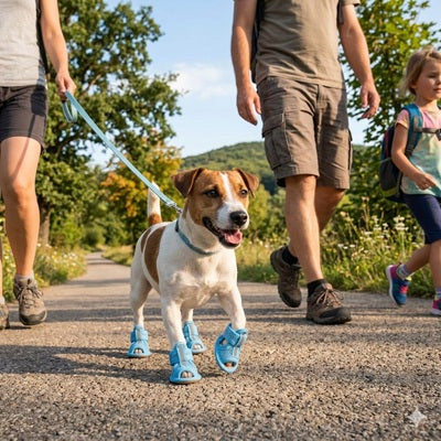 Chaussures pour chien bleues Jack Russell balade famille nature