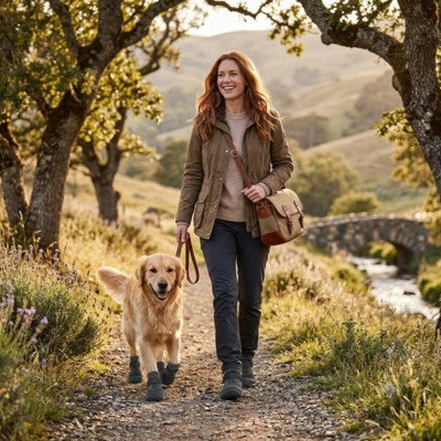 chaussures pour chien Golden Retriever balade nature maîtresse
