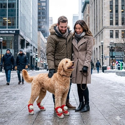 Chaussures pour chien hiver ville neige Goldendoodle couple promenade