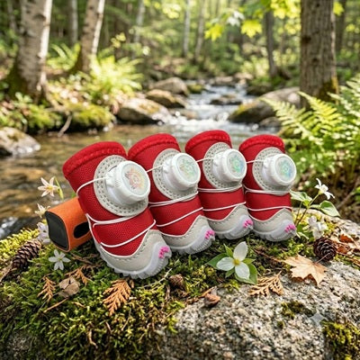 Chaussures pour chien rouges set forêt ruisseau mousse semelle