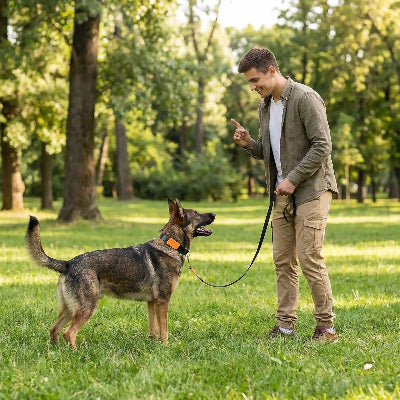 chien collier de dressage berger allemand maitre education parc noir orange obeissance
