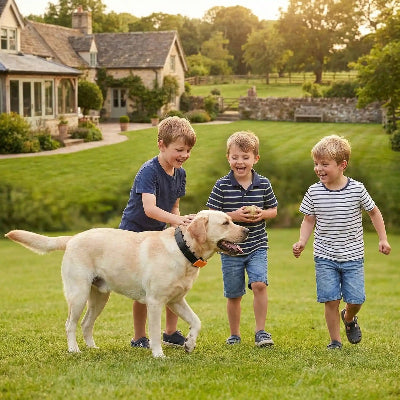 chien collier de dressage enfants labrador blanc jardin famille education securite