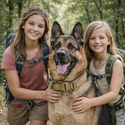 chien collier de dressage tactique beige berger allemand enfants randonnee foret famille
