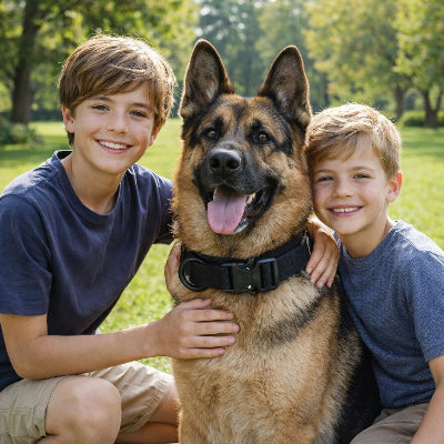 chien collier de dressage tactique noir berger allemand enfants famille parc exterieur