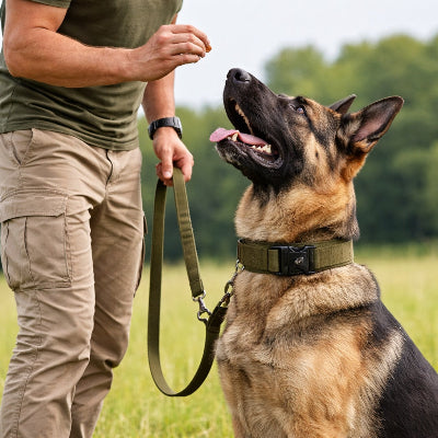 chien collier de dressage tactique vert berger allemand entrainement education recompense maitre