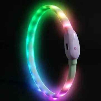 chien collier lumineux multicolore arc en ciel led usb rechargeable securite nuit visible