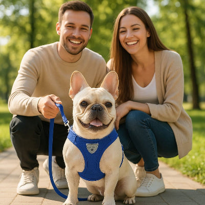 chien harnais anti traction bouledogue francais bleu promenade