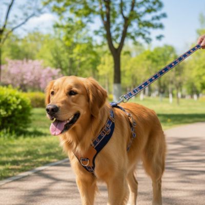 chien harnais golden retriever promenade parc exterieur