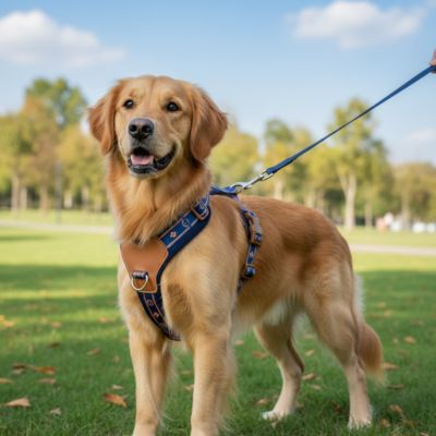 chien harnais golden retriever promenade parc urbain