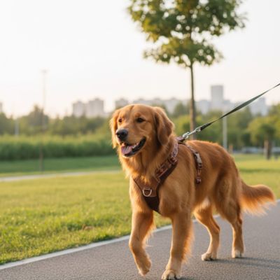 chien harnais golden retriever promenade route nature