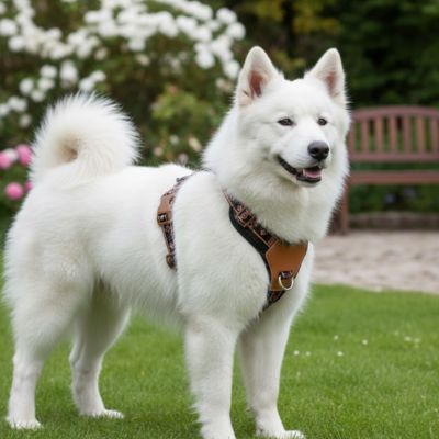 chien harnais samoyede blanc jardin exterieur elegant