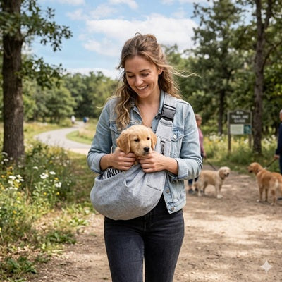 chien sac de transport bandouliere promenade parc chiot golden retriever exterieur